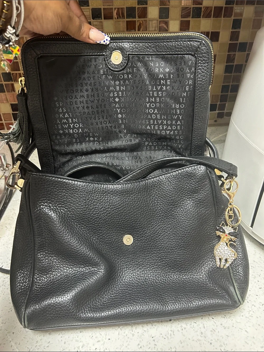kate spade Black Pebbled Leather Shoulder Bag with Gold Charm
